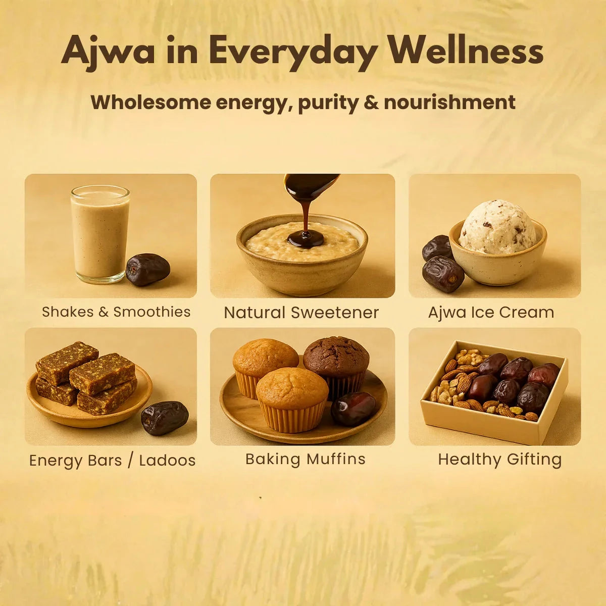 Ajwa dates everyday wellness uses including shakes, smoothies, natural sweetener, ice cream, energy bars, muffins, and healthy gifting options