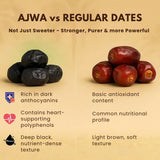 Ajwa dates vs regular dates comparison infographic showing nutritional and quality differences