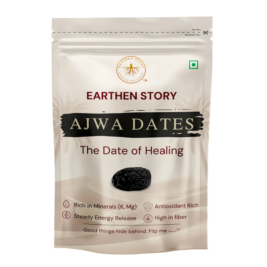 Earthen Story Ajwa Dates pouch packaging labeled 'The Date of Healing' with product benefits highlighted
