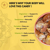 Earthen Story Amla Candy Chatpata benefits infographic highlighting digestion support, natural sweetness, portability, vitamin C and immunity