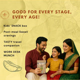 Family enjoying Earthen Story Amla Candy Chatpata snacks together, showing product packaging
