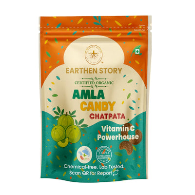Earthen Story Certified Organic Amla Candy Chatpata pouch with Vitamin C Powerhouse branding