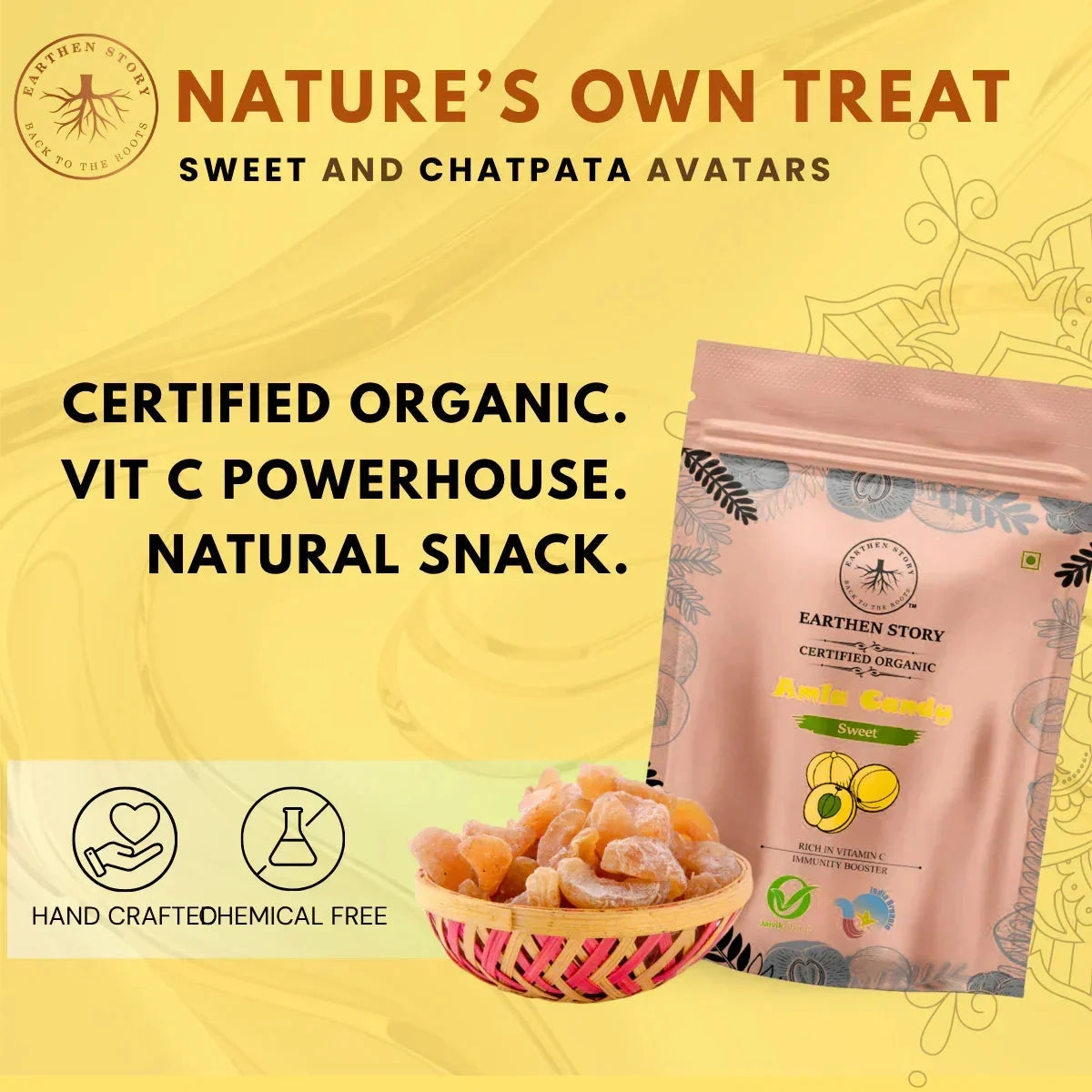 Earthen Story certified organic Amla Candy Sweet product with natural ingredients, hand-crafted, chemical-free snack rich in vitamin C