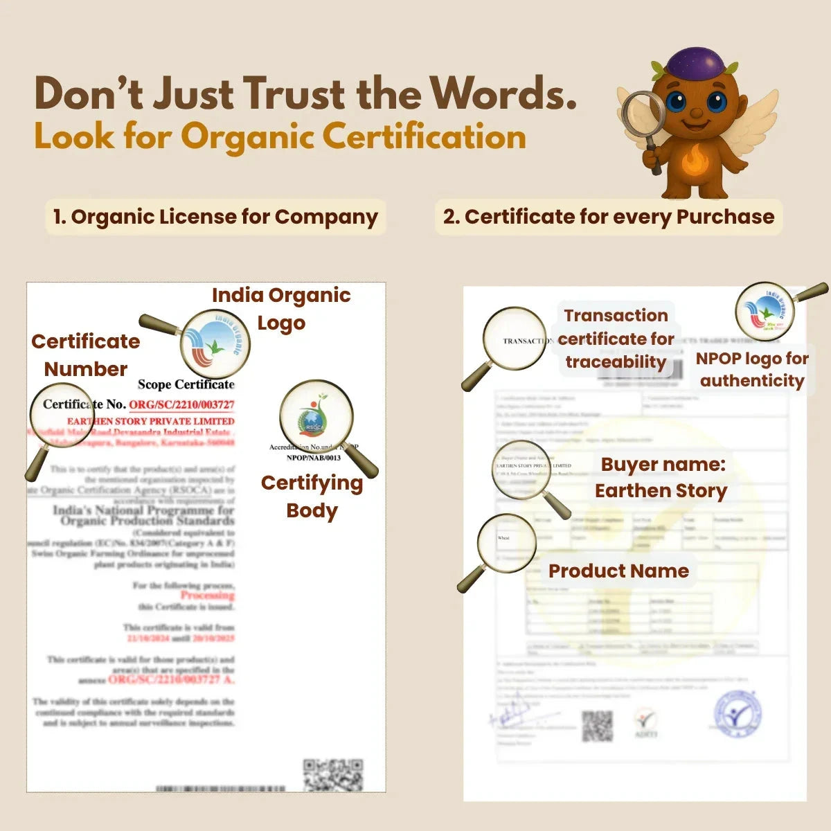 Earthen Story organic certification guide showing India Organic License, transaction certificate, and NPOP logo for authenticity