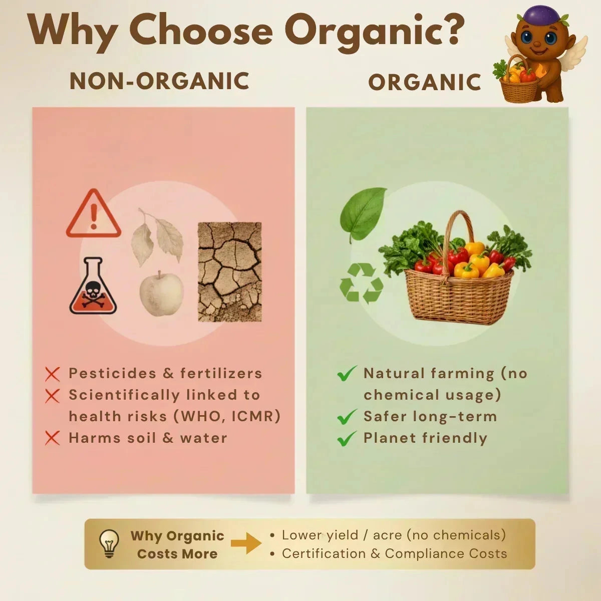 Infographic comparing organic and non-organic farming practices, highlighting benefits of natural farming without chemicals