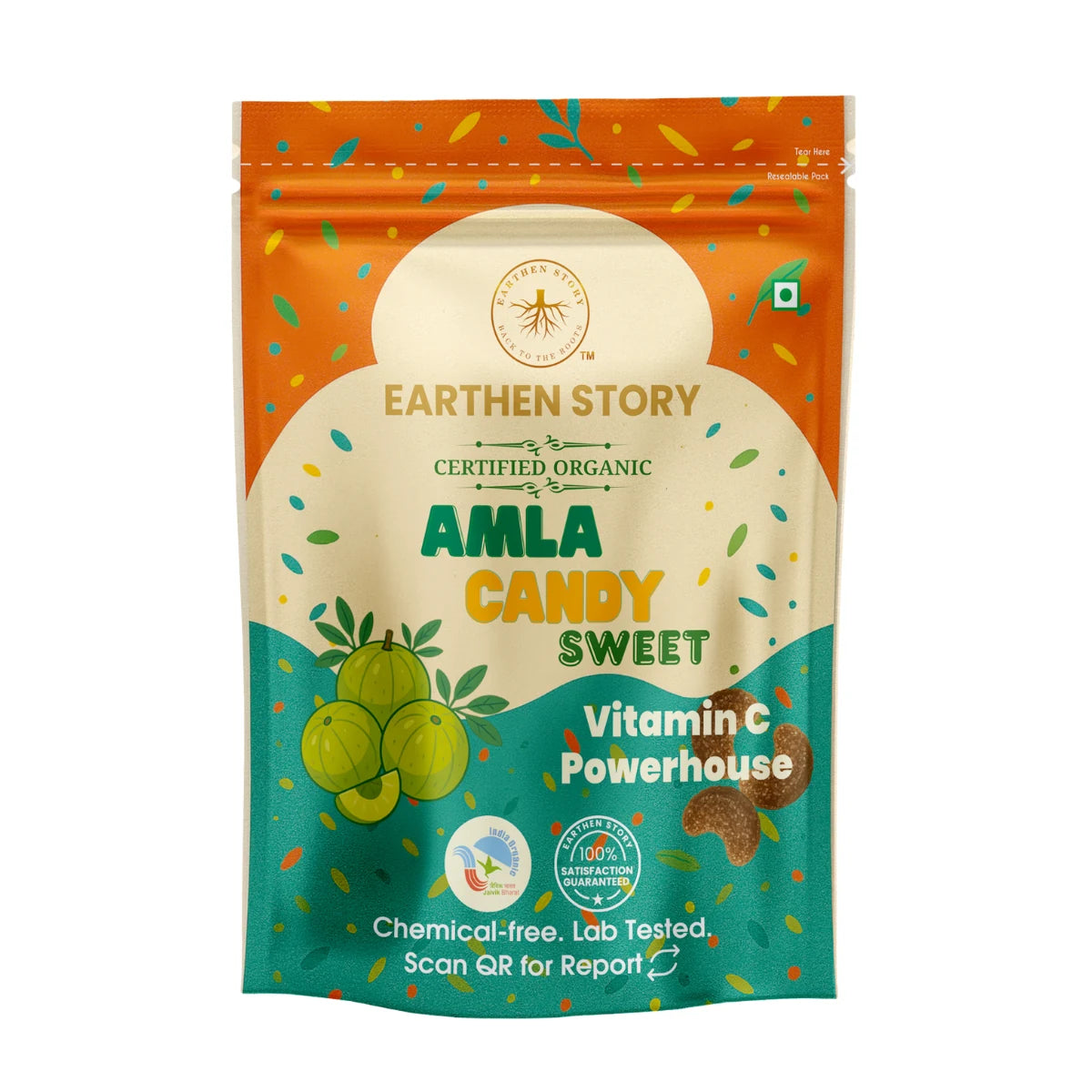 Earthen Story Certified Organic Amla Candy Sweet pouch with vitamin C powerhouse claim and product imagery