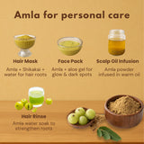 Amla powder uses for personal care including hair mask, face pack, scalp oil infusion, and hair rinse recipes
