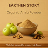 Earthen Story Organic Amla Powder - whole fruit powder with fresh amla fruits and dried pieces displayed