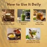 Five ways to use Ashwagandha powder daily: warm milk, smoothies, herbal tea, ghee blend, and hot sip recipes