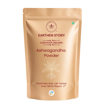 Earthen Story Certified Organic Ashwagandha Powder in kraft pouch with plant root illustration