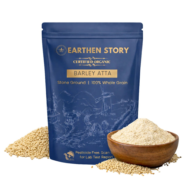 Earthen Story certified organic barley atta stone ground whole grain in blue doypack pouch with raw barley and flour bowl