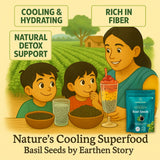 Earthen Story organic basil seeds benefits banner showing cooling, hydrating, fiber-rich properties with family enjoying the product