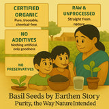 Earthen Story basil seeds infographic highlighting certified organic, raw unprocessed, no additives and no preservatives with family illustration