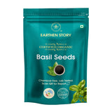 Earthen Story Certified Organic Basil Seeds in resealable teal pouch with basil leaves and seeds imagery
