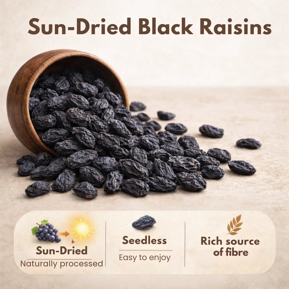 Sun-dried black raisins in wooden bowl with benefits: naturally processed, seedless, and rich source of fibre