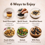 6 ways to enjoy black raisins: overnight soak, quick snack, breakfast boost, cook and bake, salads, and with nuts
