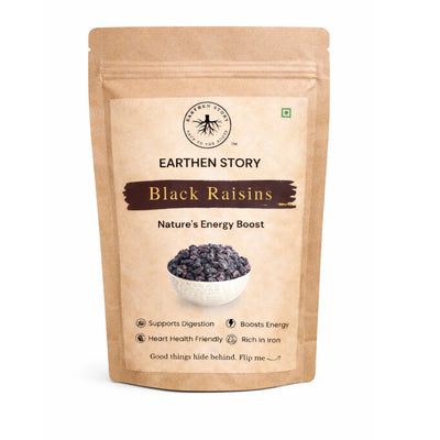 Earhen Story Black Raisins package - kraft pouch with product image and health benefits information