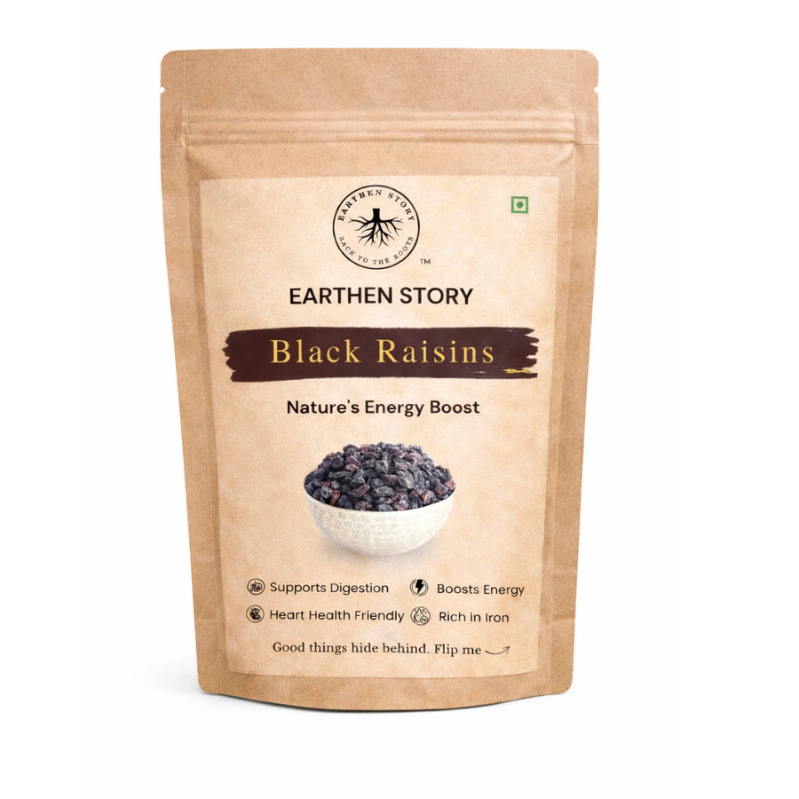 Earhen Story Black Raisins package - kraft pouch with product image and health benefits information
