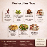 Black raisins benefits guide showing suitability for active lifestyles, plant-based eaters, busy days, and families with dietary information.
