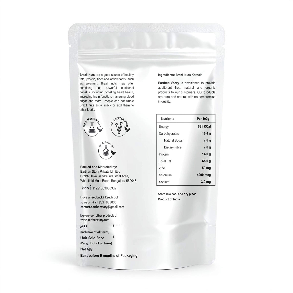 Earthen Story Brazil Nuts Kernels pouch back label with nutrition facts, ingredients, and product information