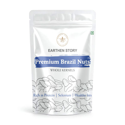 Earthen Story Premium Brazil Nuts whole kernels in white standup pouch with blue banner and product illustration