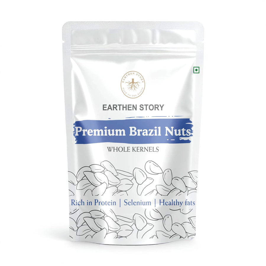 Earthen Story Premium Brazil Nuts whole kernels in white standup pouch with blue banner and product illustration