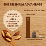 Brazil nuts selenium content comparison infographic showing 1917µg per 100g versus cashews and almonds