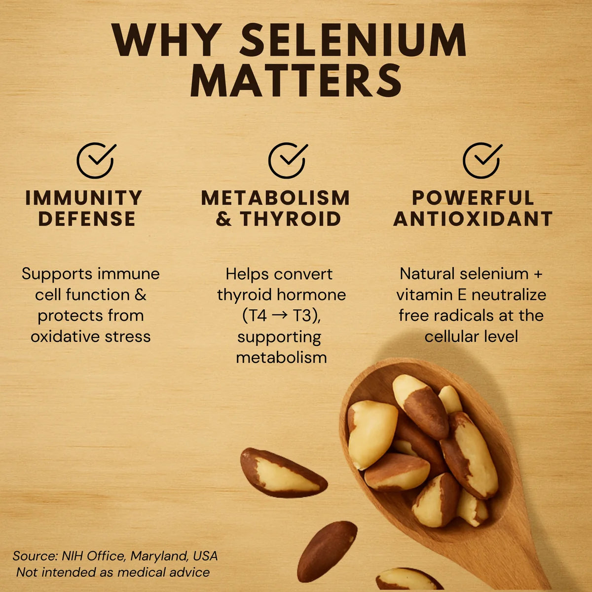 Brazil nuts selenium benefits infographic showing immunity defense, metabolism support, and antioxidant properties