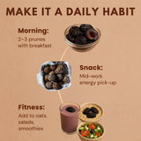 California Prunes daily consumption guide showing morning, snack, and fitness usage recommendations