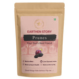 Earthen Story Prunes kraft pouch front with product image, benefits highlighted including fiber content and low glycemic index