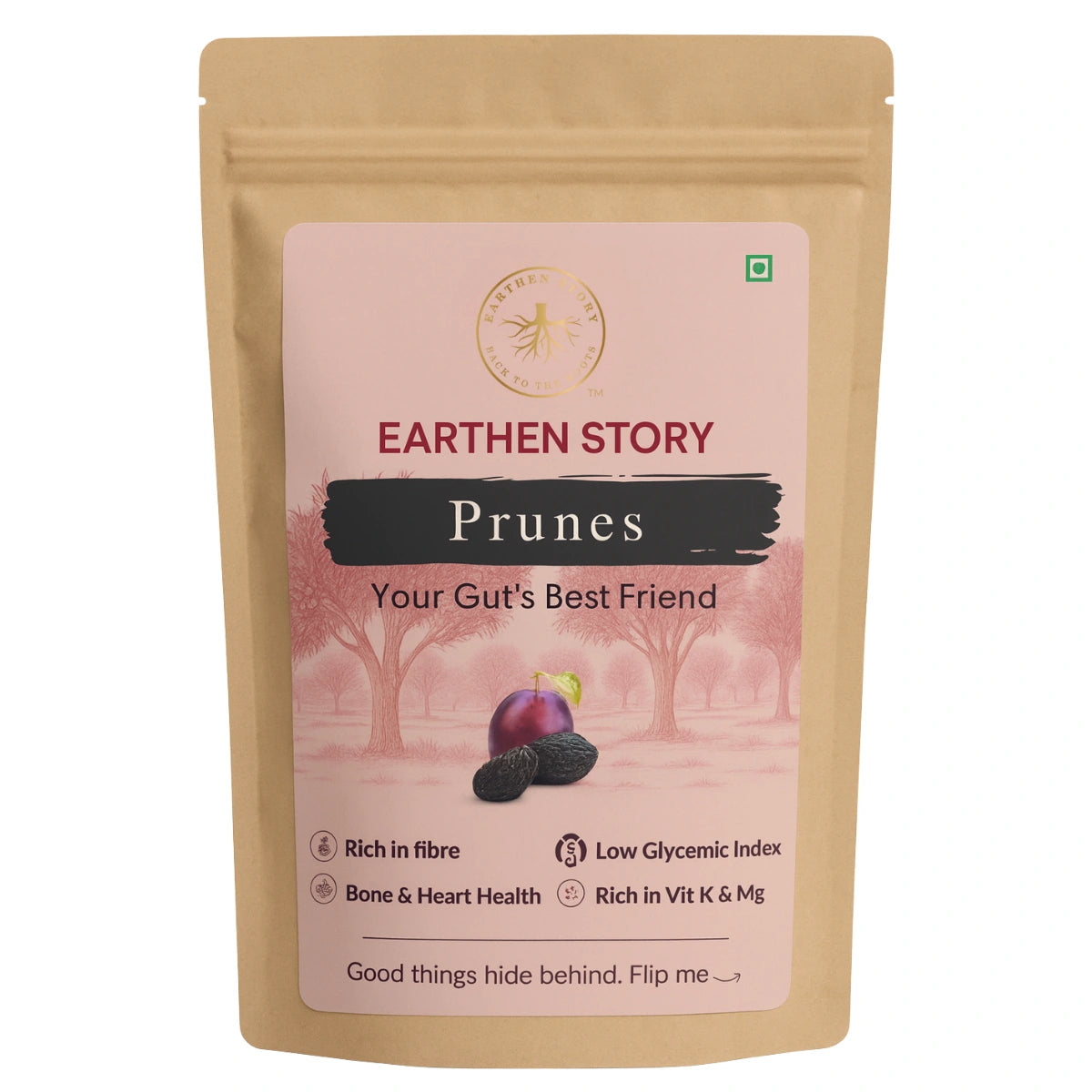 Earthen Story Prunes kraft pouch front with product image, benefits highlighted including fiber content and low glycemic index