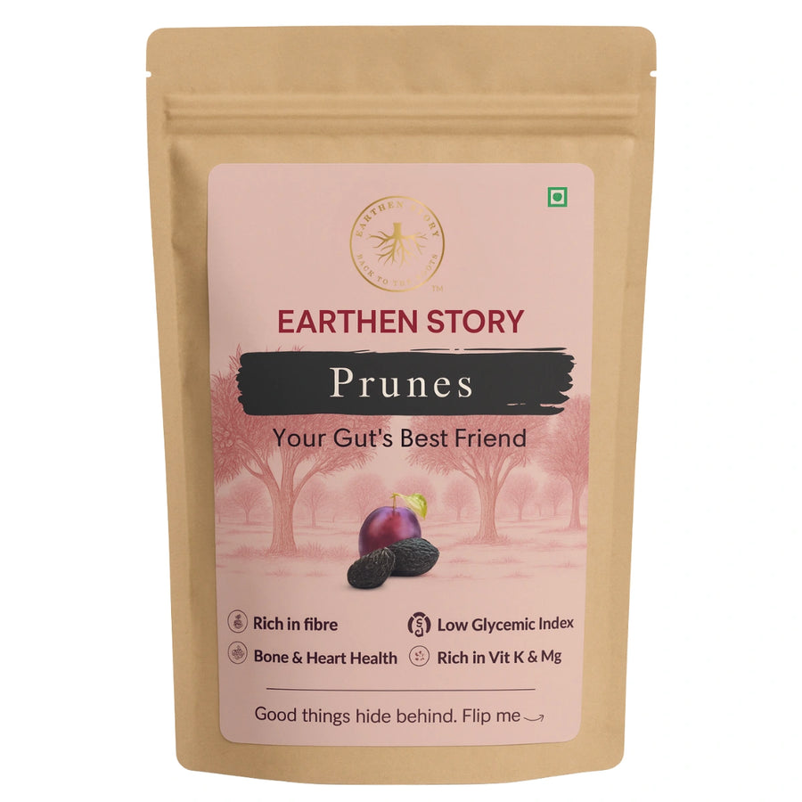 Earthen Story Prunes kraft pouch front with product image, benefits highlighted including fiber content and low glycemic index