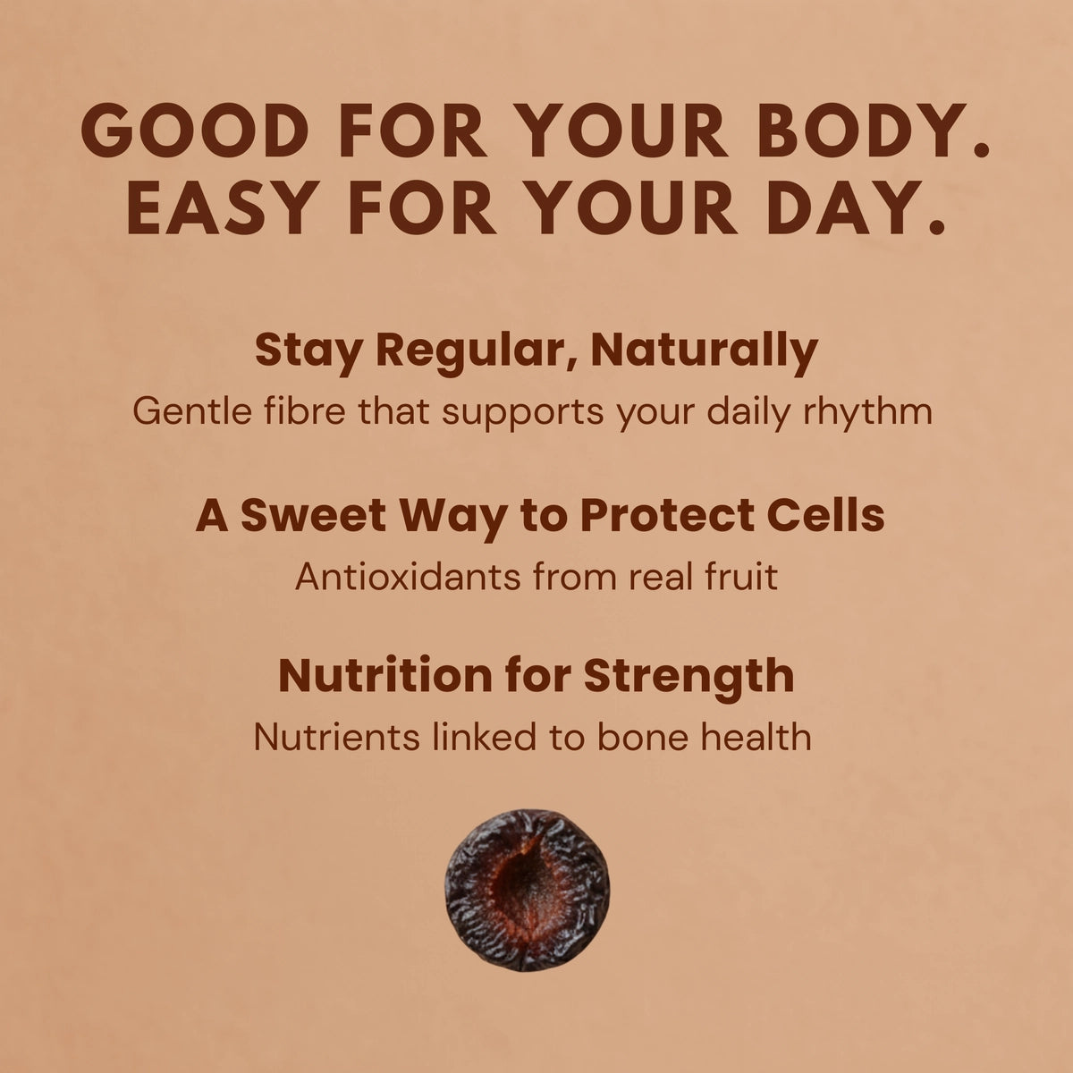 California Prunes health benefits banner highlighting digestive fiber, antioxidants, and bone health nutrients