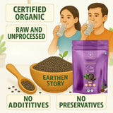 Earthen Story certified organic chia seeds infographic showing product benefits and two people consuming the seeds