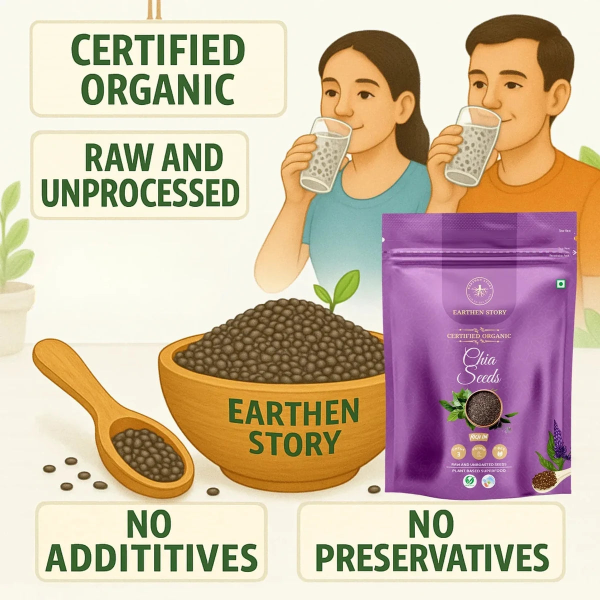 Earthen Story certified organic chia seeds infographic showing product benefits and two people consuming the seeds