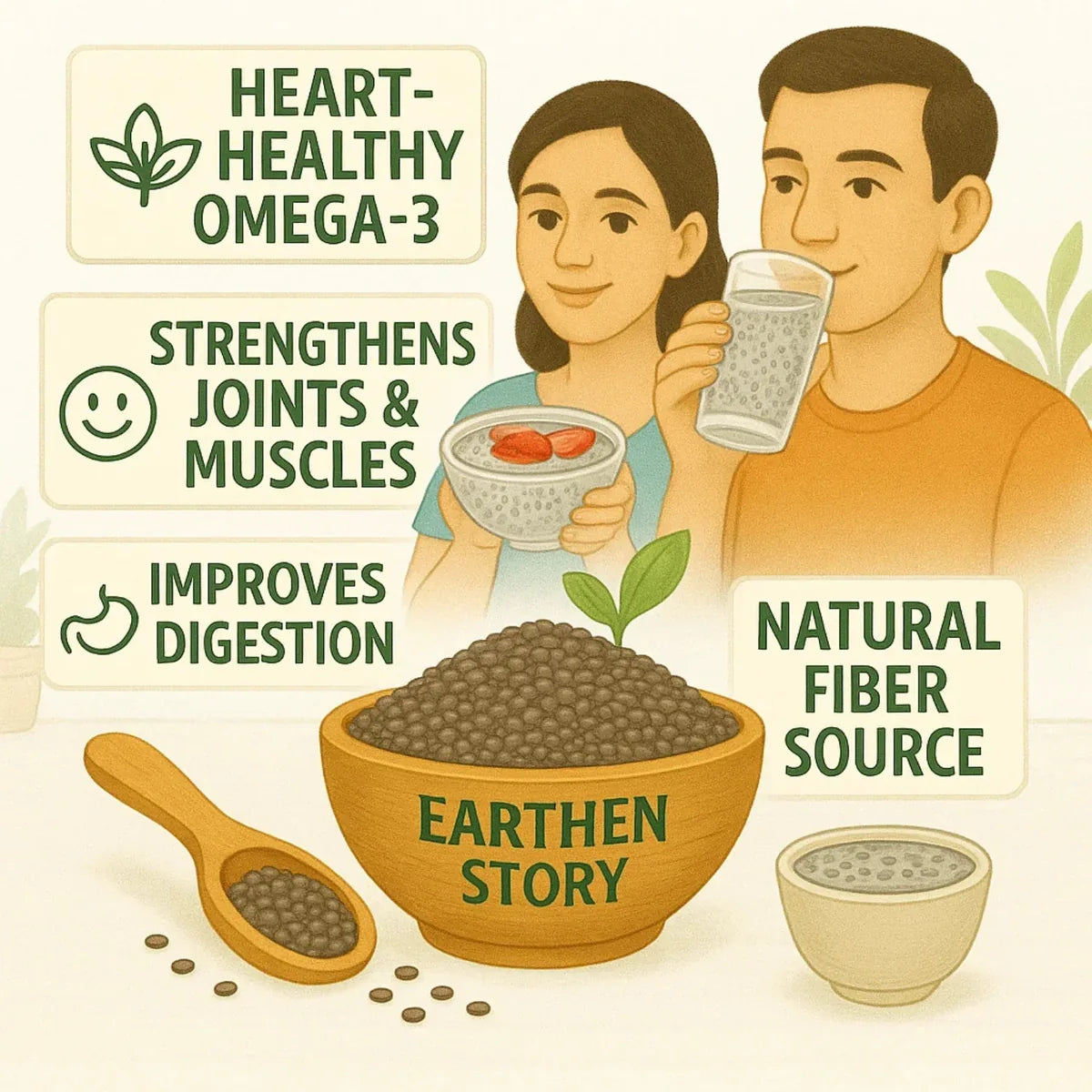 Earthen Story organic chia seeds infographic showing omega-3, joint support, digestion benefits and natural fiber source