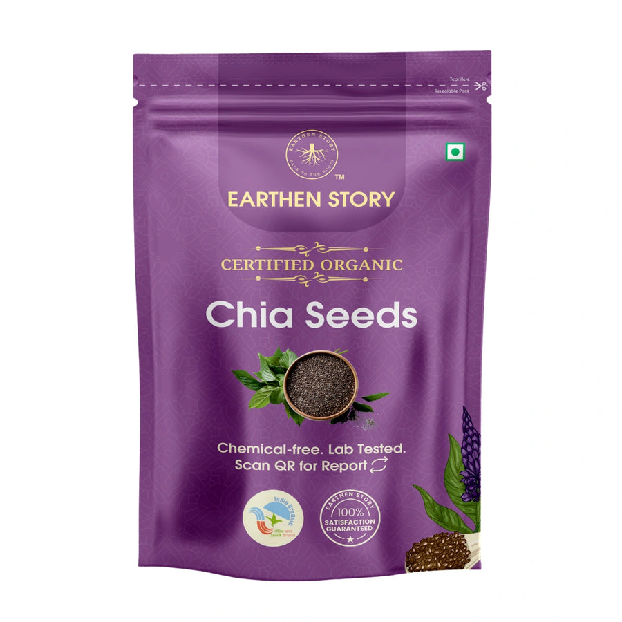 Earthen Story Certified Organic Chia Seeds in purple resealable pouch with product image and certifications