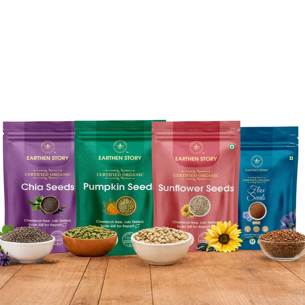 Daily Seeds Mix Bundle with chia seeds, flax seeds, pumpkin seeds, and sunflower seeds on a plain white background on a wooden desk.