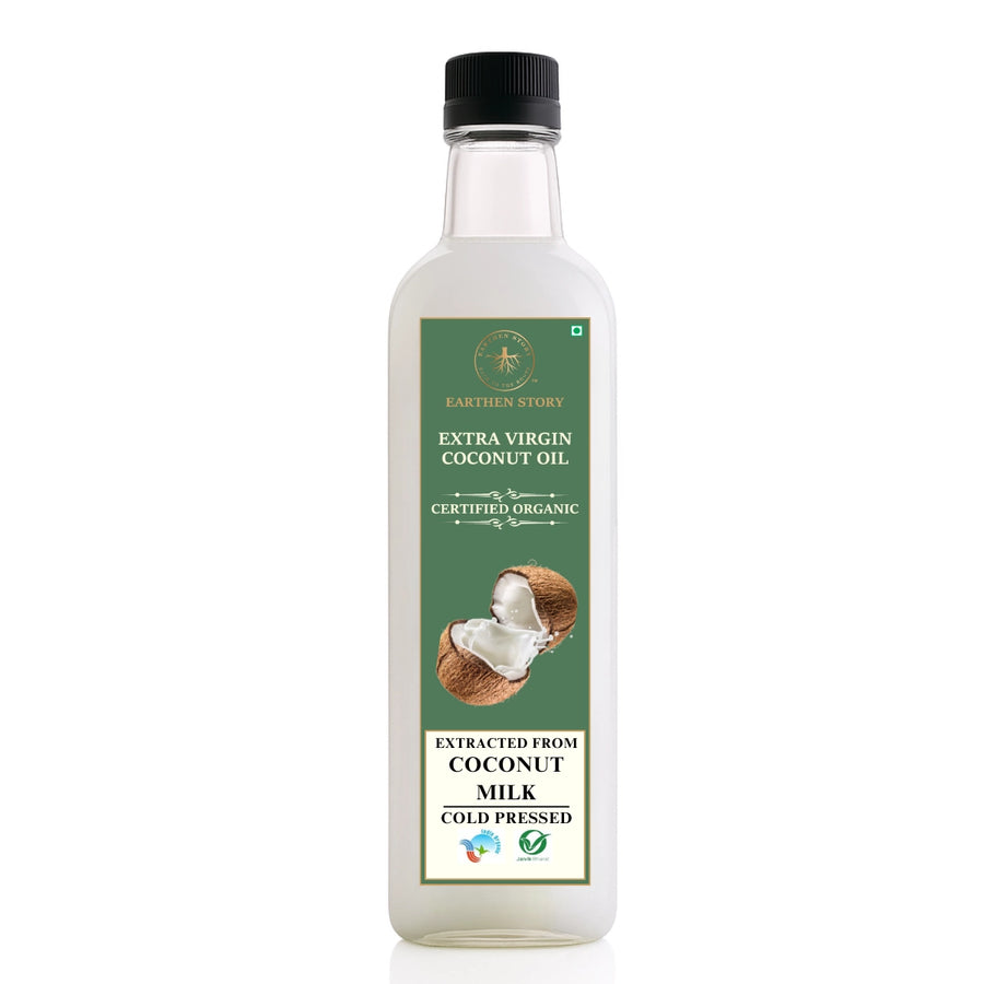 Earthen Story Extra Virgin Coconut Oil bottle - certified organic, cold pressed, extracted from coconut milk