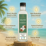 Earthen Story Extra Virgin Coconut Oil bottle with 6 key benefits displayed: heart health, skin hydration, hair nourishment, dental health, natural defence, and energy boost