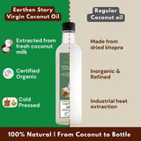 Earthen Story Virgin Coconut Oil comparison infographic showing extraction method, sourcing, and certifications versus regular coconut oil