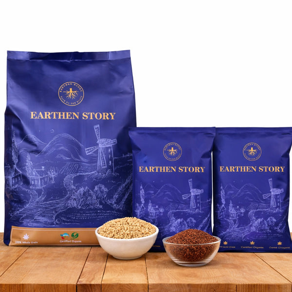 Family Atta & Millet Bundle with khapli flour, ragi flour, and jowar flour on a plain white background on a wooden desk.