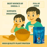 Earthen Story organic flax seeds benefits infographic showing omega-3, fiber, digestion support, and plant protein with product pouch
