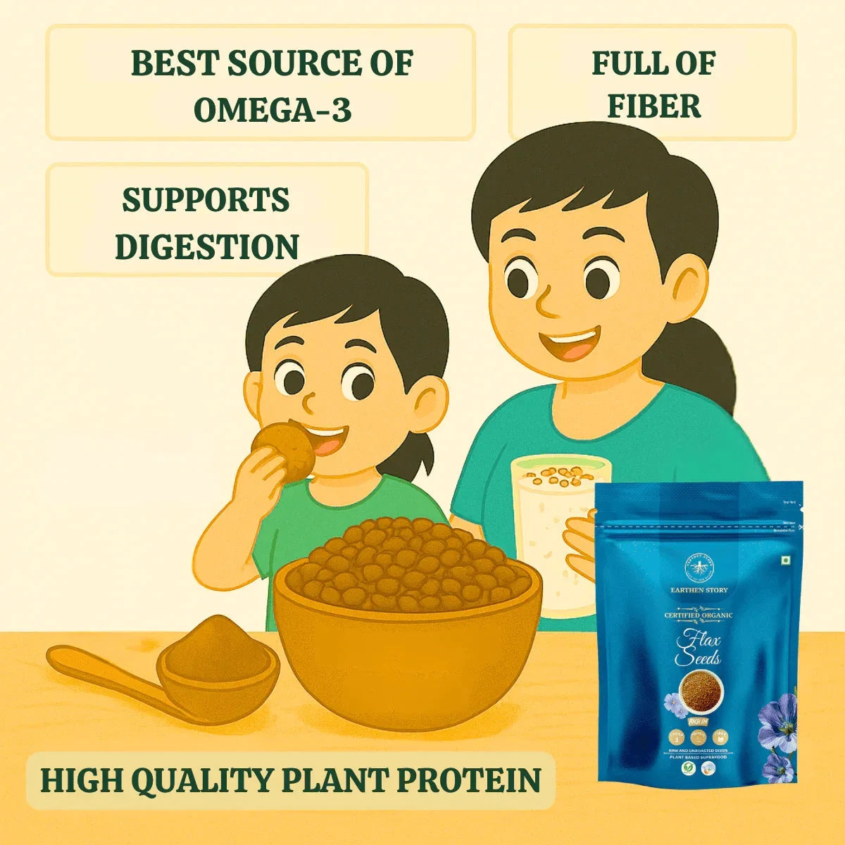 Earthen Story organic flax seeds benefits infographic showing omega-3, fiber, digestion support, and plant protein with product pouch