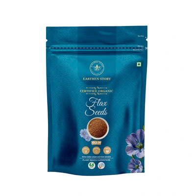 Earthen Story Certified Organic Flax Seeds in a teal kraft pouch with blue flax flowers and nutritional badges