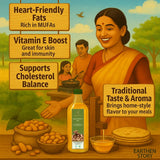 Earthen Story organic cold-pressed groundnut oil with benefits including heart-friendly fats, vitamin E boost, and cholesterol balance