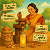 Woman using traditional wooden press to extract organic cold-pressed groundnut oil with certification badges