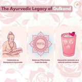 Infographic showing Gulkand's Ayurvedic heritage, Rasayana classification, Pitta-balancing properties, and traditional summer drink preparation.