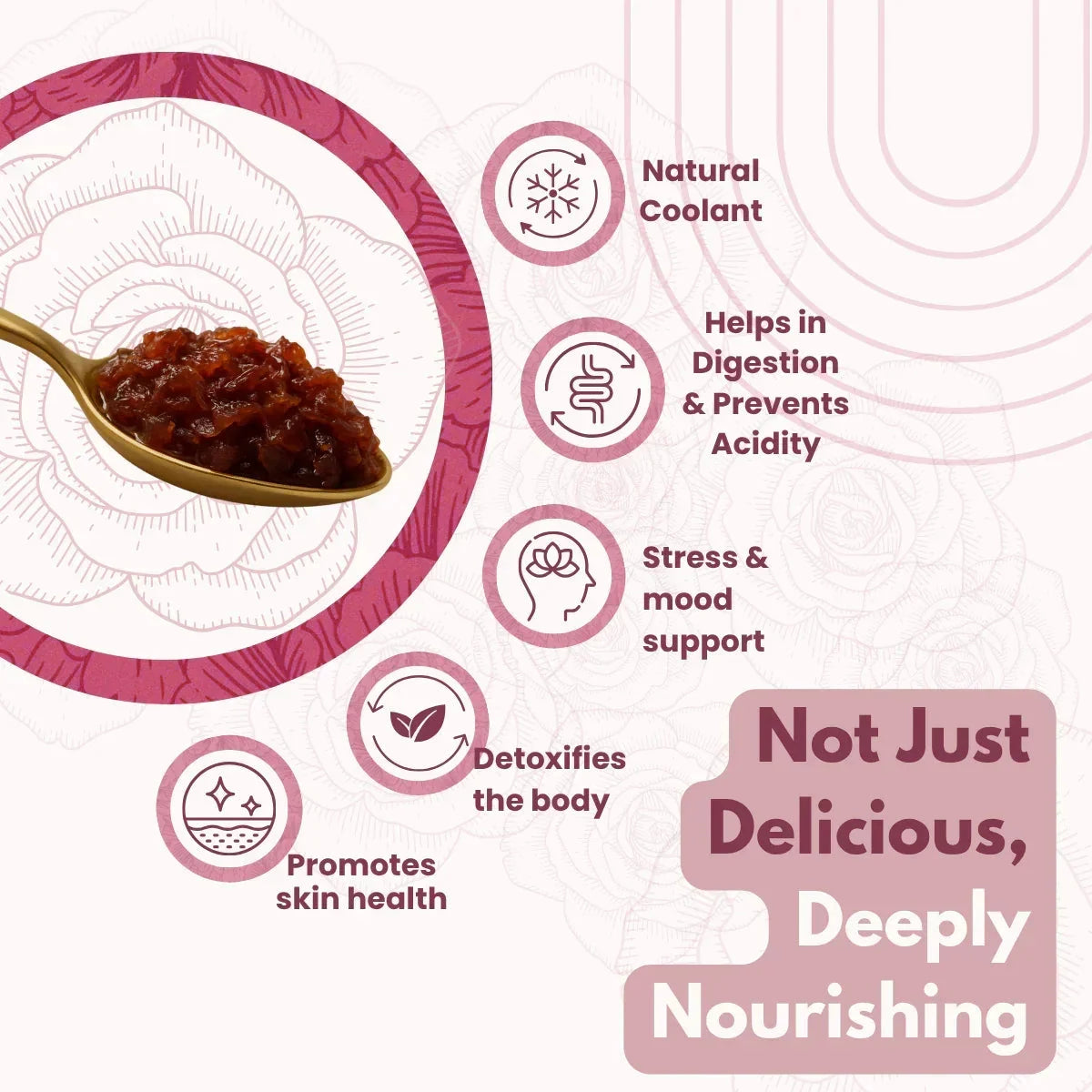 Organic Gulkand benefits infographic showing natural coolant, digestion support, stress relief, detoxification, and skin health