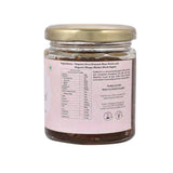 Organic Gulkand glass jar back label showing ingredients, nutrition facts, and product information from Earthen Story